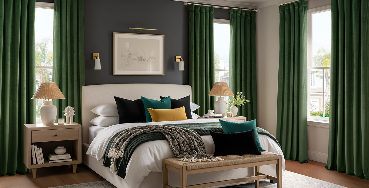 Rich emerald green velvet curtains create a dramatic focal point in this sophisticated bedroom, adding luxurious texture and bold color against the charcoal accent wall. Paired with crisp white bedding and vibrant jewel-toned accents, the plush fabric brings warmth, depth, and timeless elegance while beautifully framing the natural light.