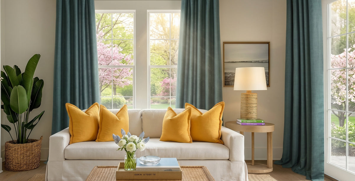 Empire Green Italian faux linen curtains frame large windows in a bright living room featuring a white sofa, golden accent pillows, natural wood furnishings, and blooming garden views.