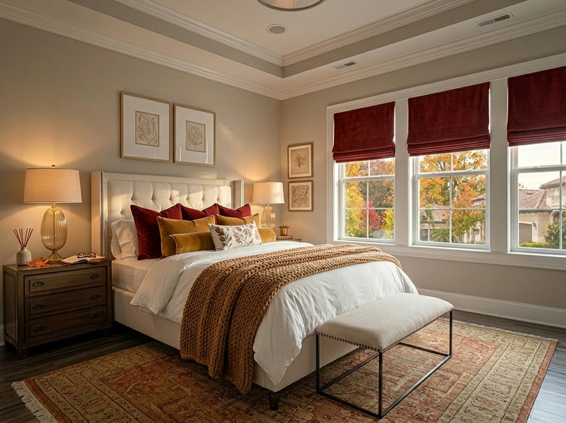 Ruby Faux Silk: Rich ruby red Roman shades frame three bedroom windows, complementing warm autumn-inspired bedding and décor.