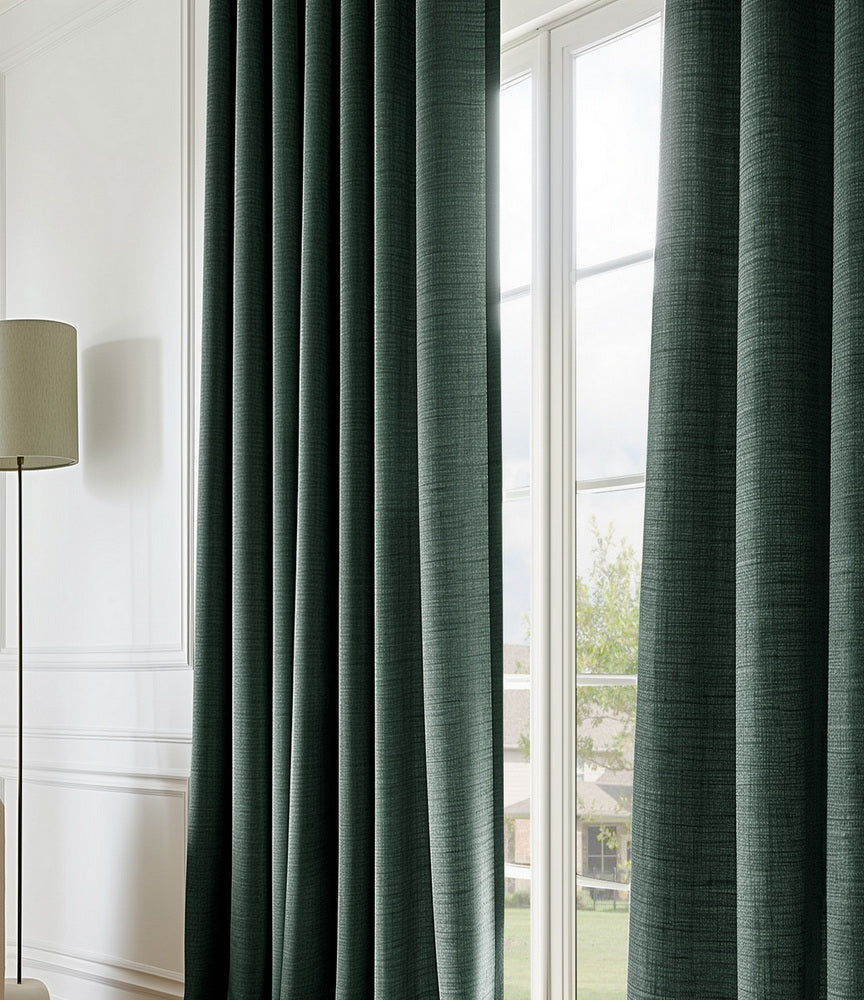 Focal Green Textured Faux Linen Custom Curtain