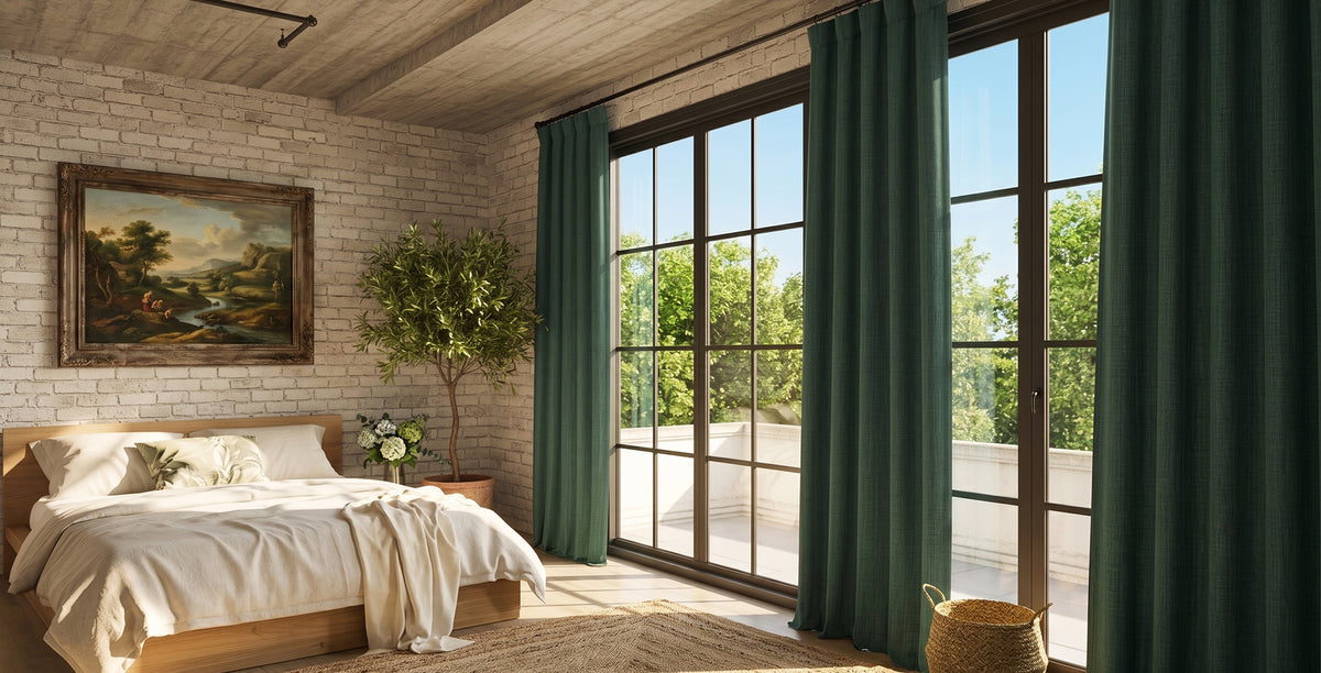 Deep green faux linen curtains bring rich color and texture to an industrial-inspired bedroom with floor-to-ceiling windows, warm wood accents, and abundant natural light.