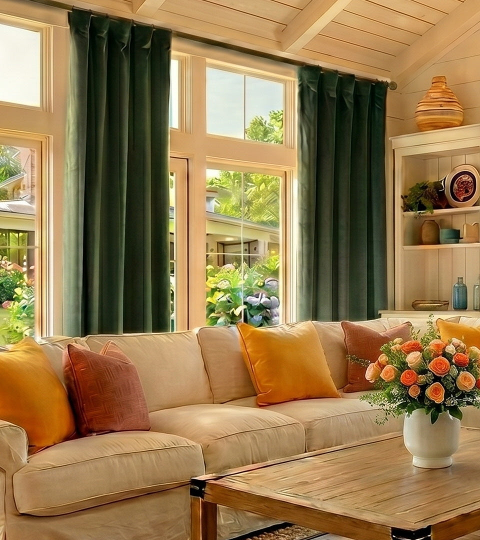 Green living room curtains framing tall windows above a cozy sofa with colorful accent pillows.