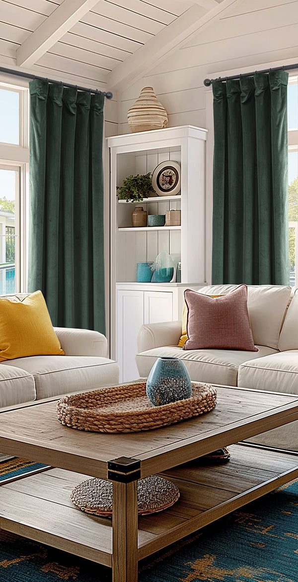 Forestry Green: Deep forest-green velvet curtains bring rich color and an elevated, cozy feel to this airy living room.