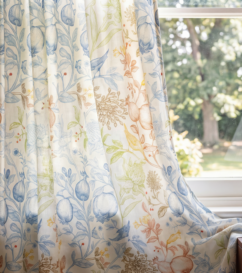 Bring a touch of nature indoors with these beautifully illustrated botanical curtains. Featuring delicate birds, fruit, and leafy branches in soft blue, green, terracotta, and golden hues, this whimsical design filters natural light while adding timeless charm, color, and character to any living room, bedroom, or cozy reading nook.
