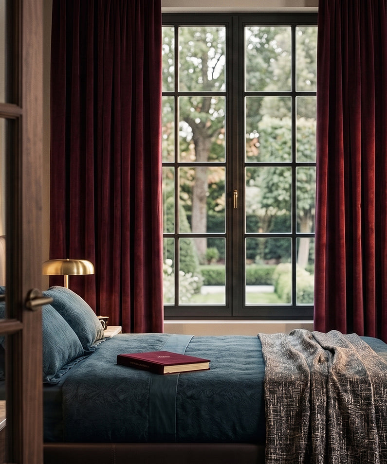 Astoria Taupe: Taupe damask-patterned curtains add classic elegance and soft texture to a warm, neutral bedroom.