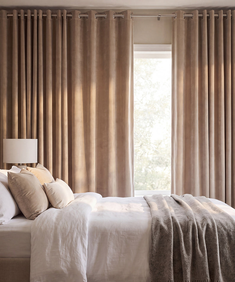 Sea thistle blue grommet curtains frame large sunlit windows in a bright living room with soft neutral furnishings.