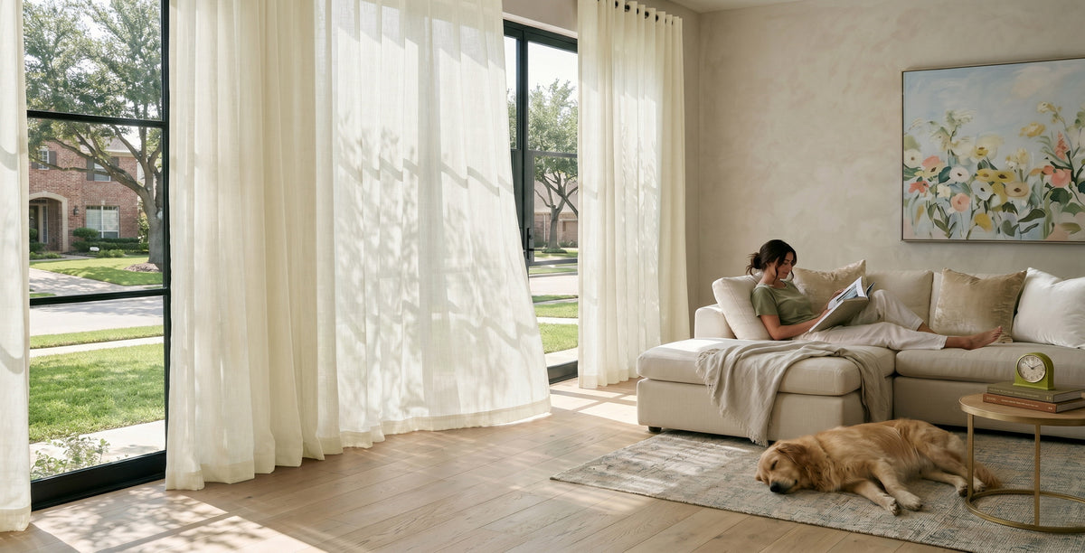 Soft white drapes flowing beside large windows in a bright living room with woman relaxing on sofa.