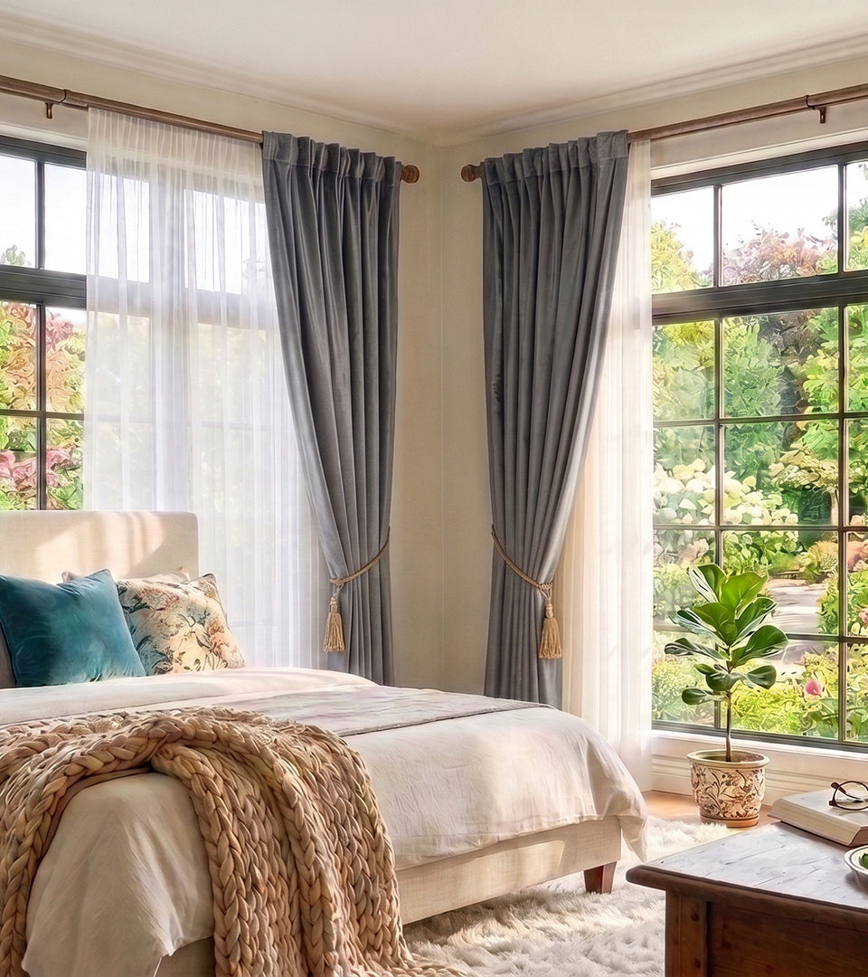 Elegant graphite-gray curtains frame this airy bedroom with a polished, sophisticated finish.