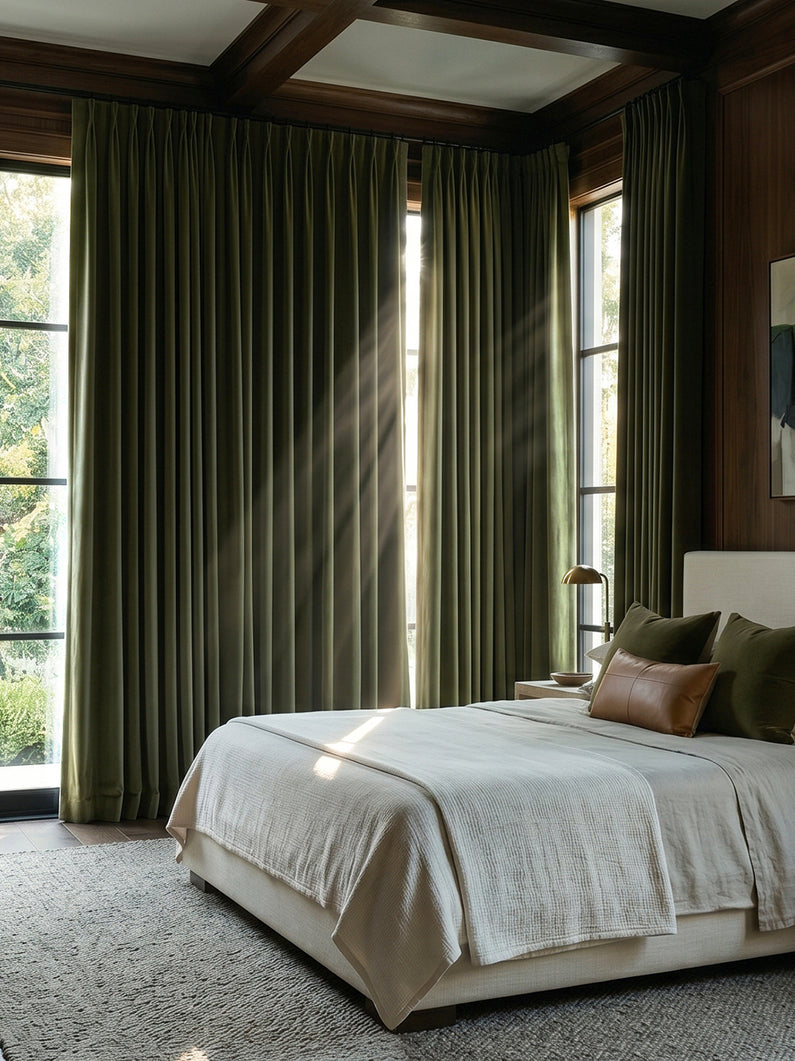 Hunter Green Velvet: Hunter green velvet curtains bring rich color and luxurious texture to a sophisticated bedroom with warm wood details.