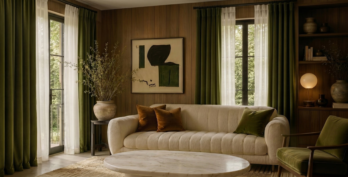 Cozy living room featuring Hunter Green velvet curtains layered with sheer white panels, adding rich color, soft light control, and a sophisticated contrast against warm wood walls and neutral furnishings.