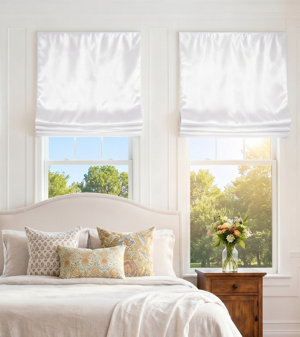 White light filtering roman shades softly diffusing sunlight in bedroom.