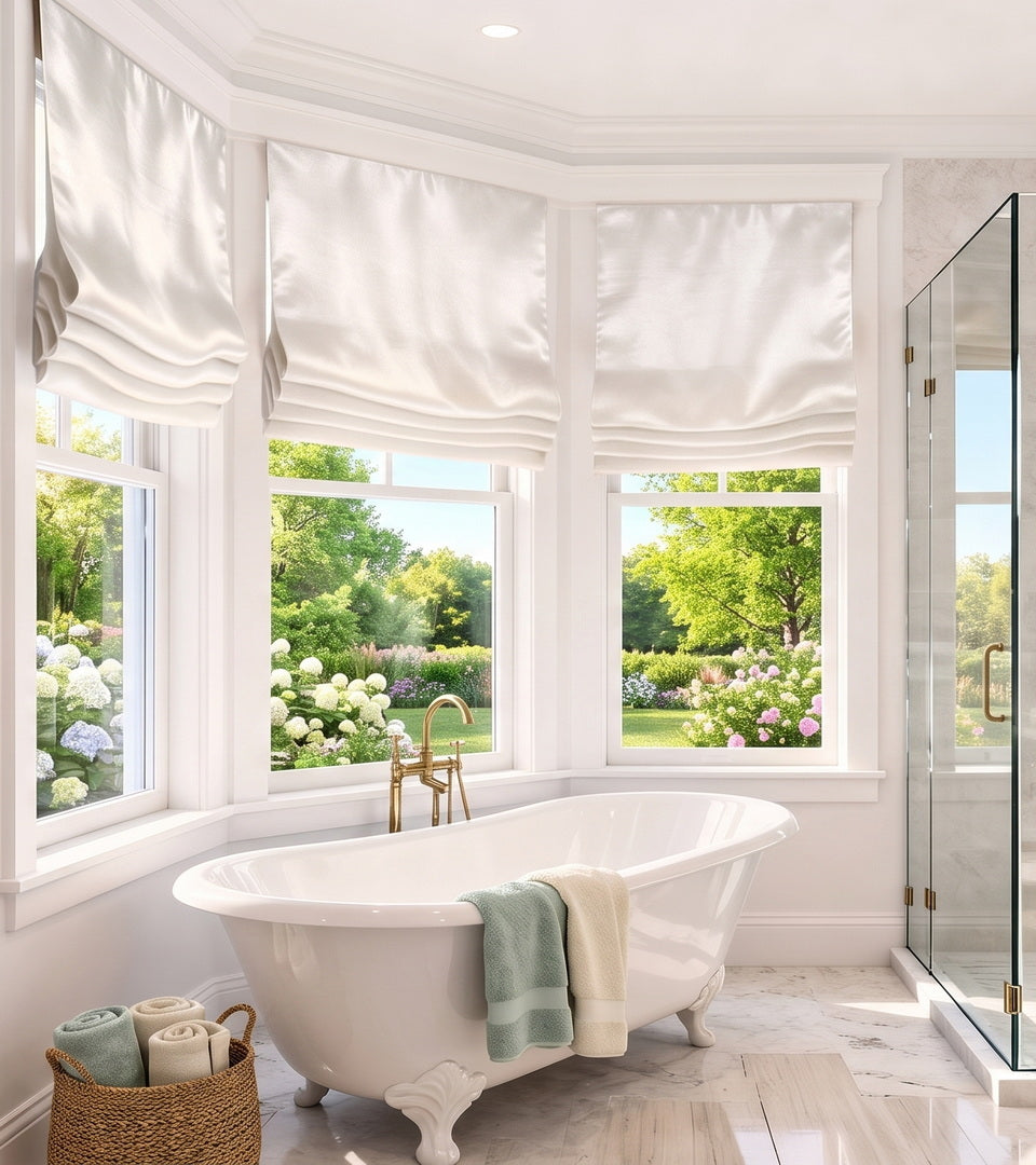 Ivory faux dupioni Roman shades bring refined texture and soft sophistication to this bright, spa-inspired bathroom. Their tailored folds gently diffuse natural light while adding privacy, perfectly complementing the marble finishes, warm brass accents, and tranquil garden views for a luxurious retreat.