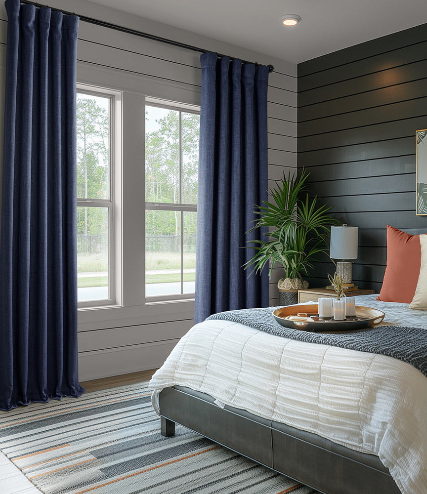 Indigo Textured Faux Linen Custom Curtain