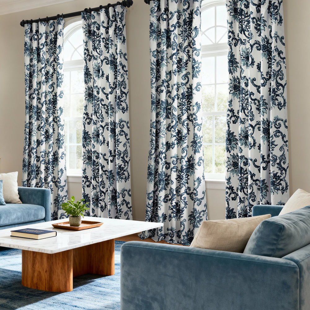 Indonesian Blue Floral Printed Cotton Custom Curtain