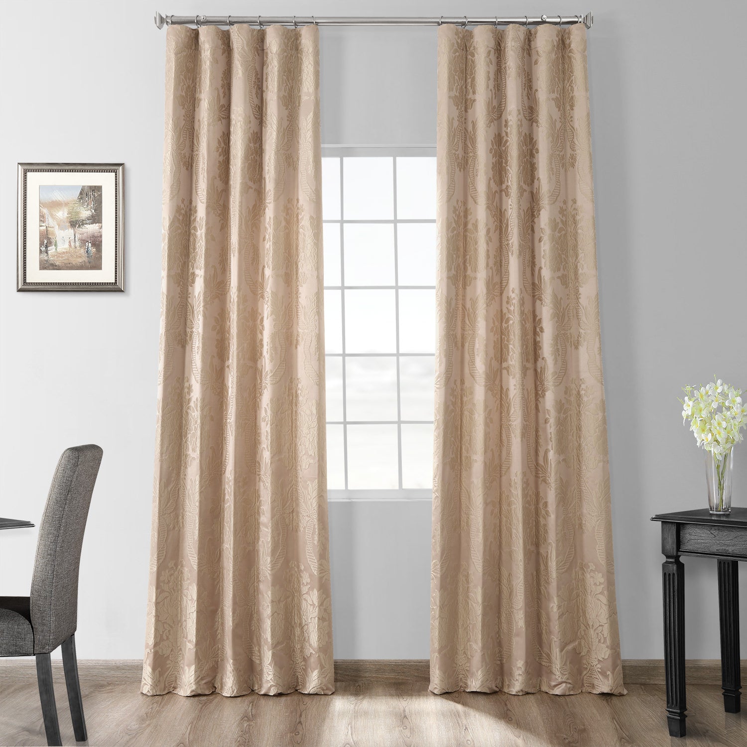 Magdelena Beige & Gold Damask Faux Silk Jacquard Custom Curtain