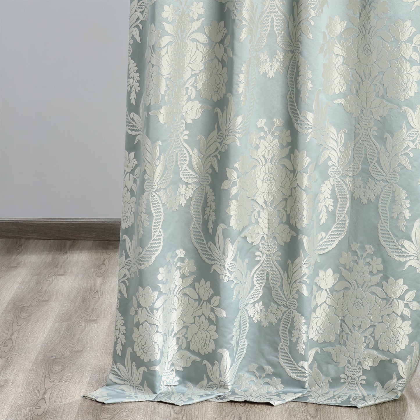 Magdelena Blue & Steel Damask Faux Silk Jacquard Custom Curtain
