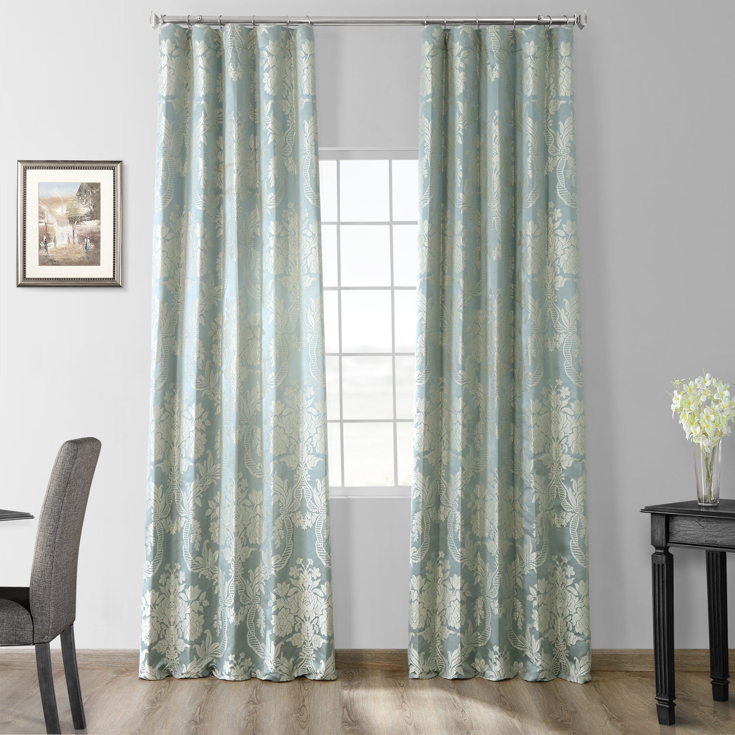 Magdelena Blue & Steel Damask Faux Silk Jacquard Custom Curtain