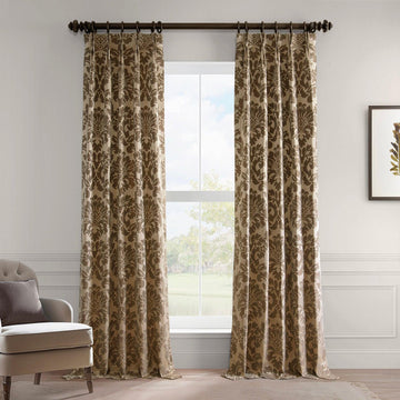 Taupe & Bronze Damask French Pleat Faux Silk Jacquard Room Darkening Curtain