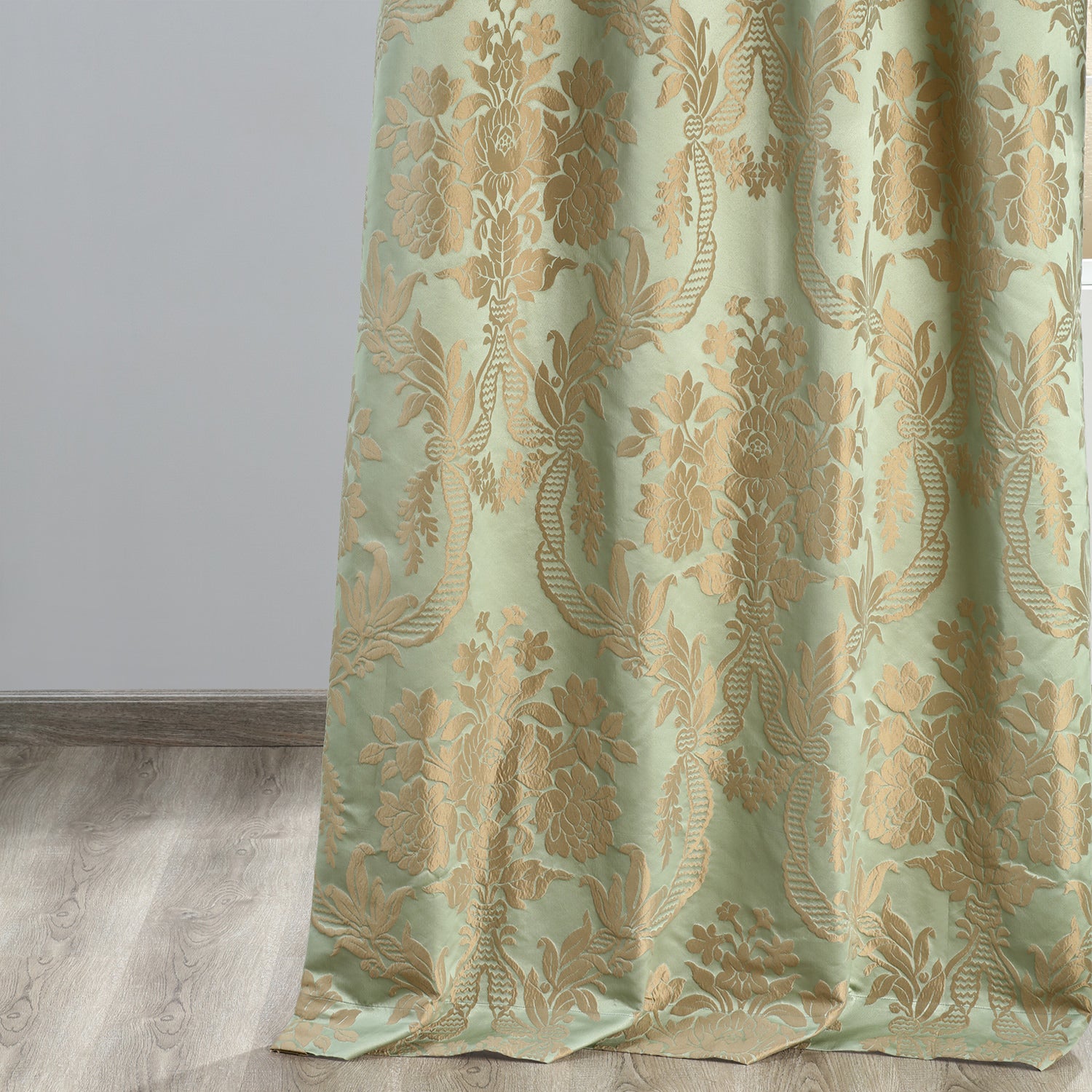 Magdelena Jade & Gold Damask Faux Silk Jacquard Custom Curtain