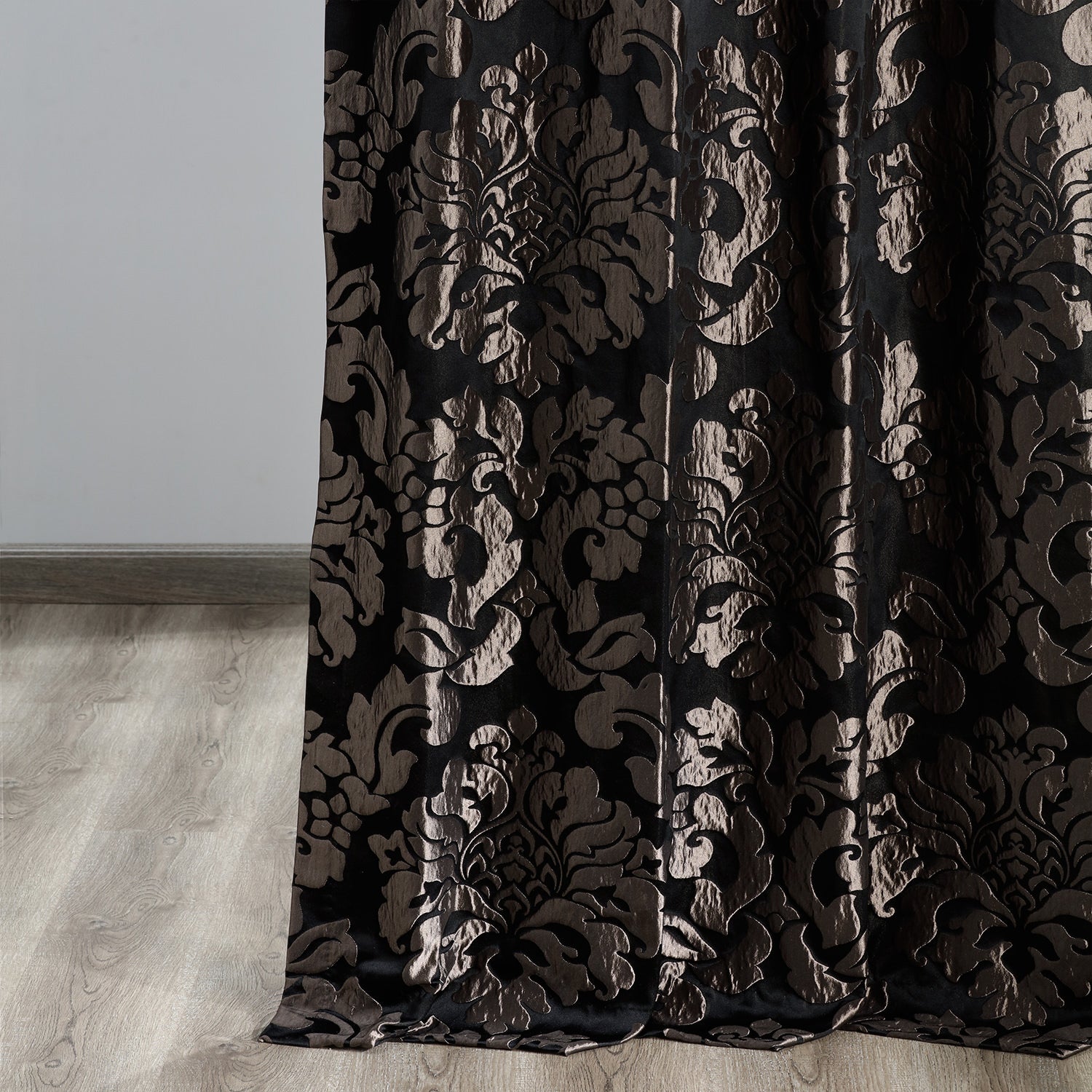 Astoria Black & Pewter Damask Faux Silk Jacquard Custom Curtain