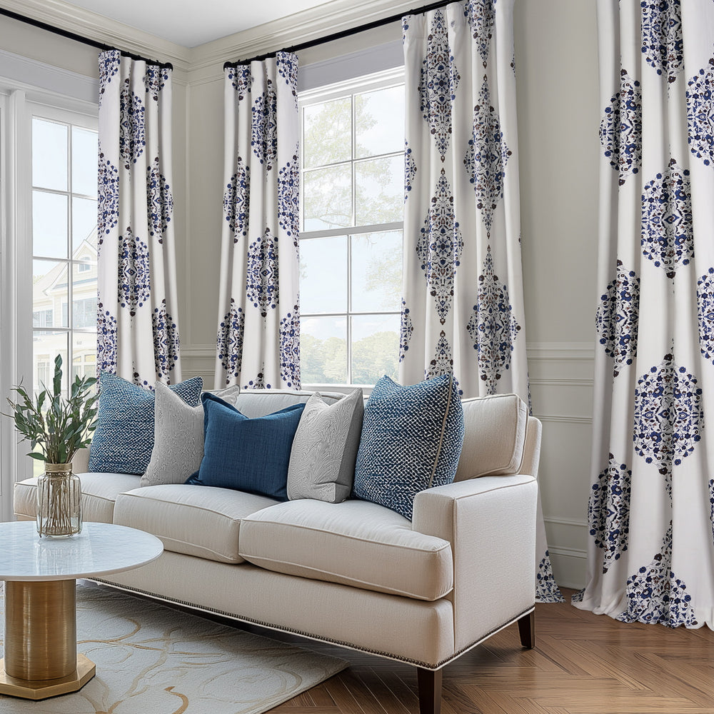 Kerala Blue Emblem Printed Cotton Custom Curtain