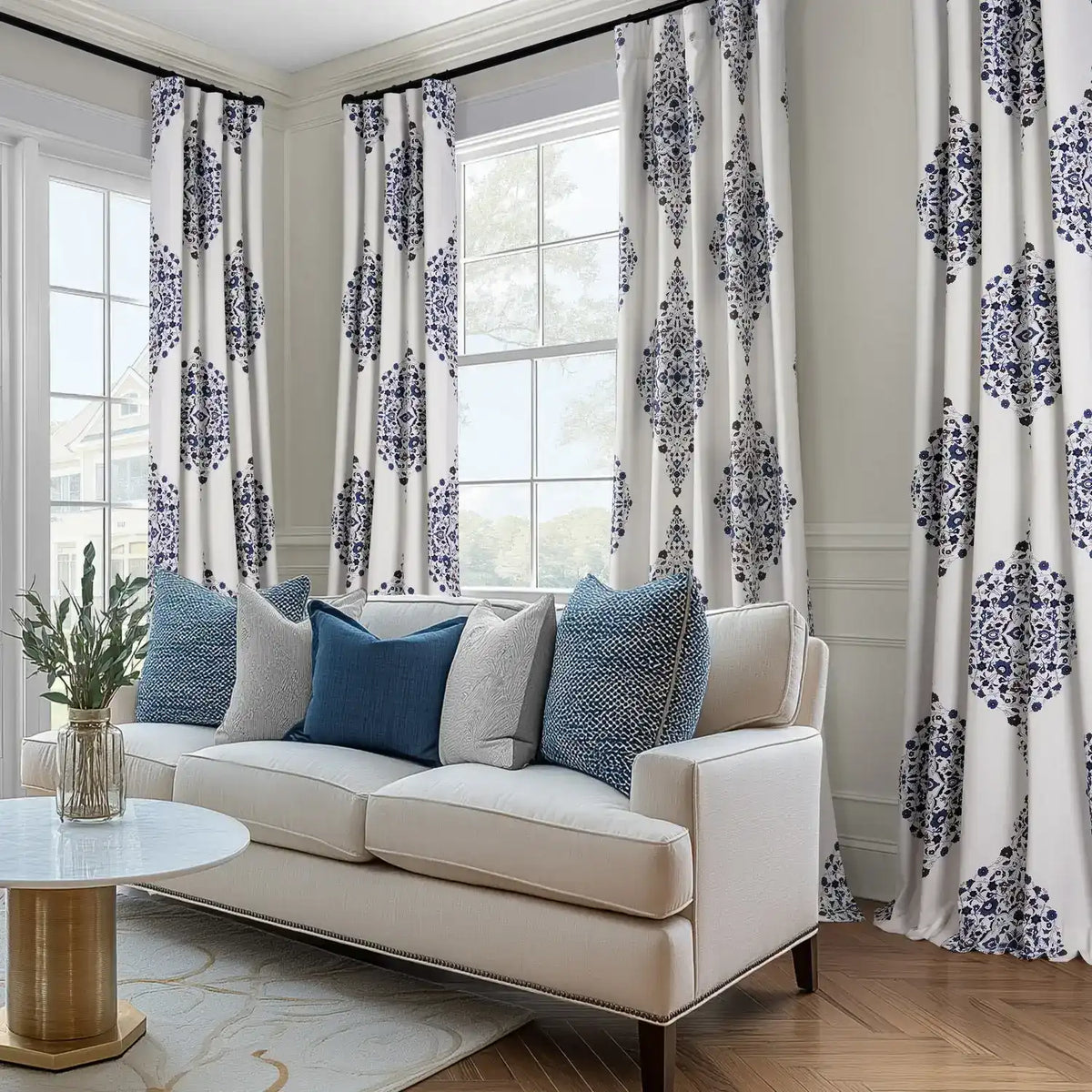 Kerala Blue Emblem Printed Cotton Custom Curtain