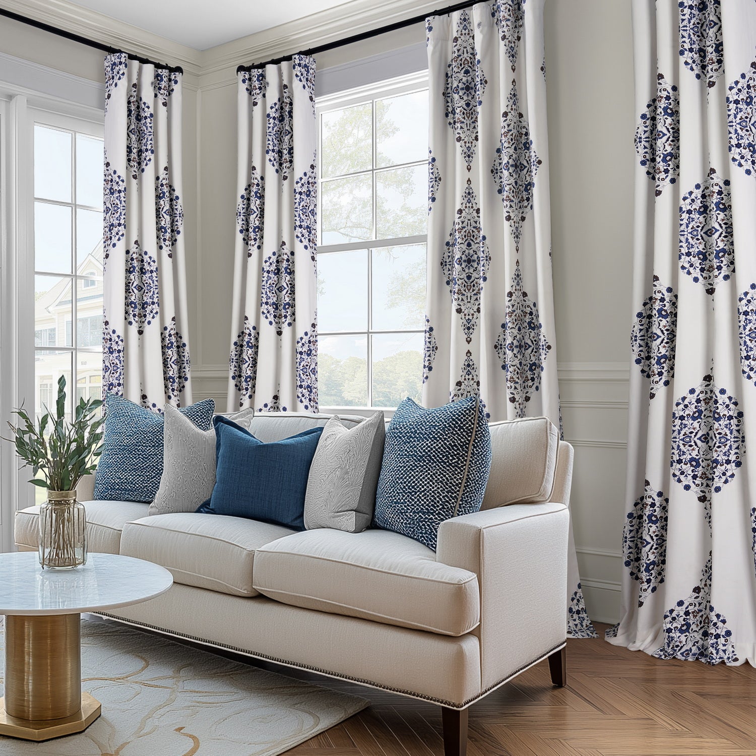 Kerala Blue Emblem Printed Cotton Custom Curtain