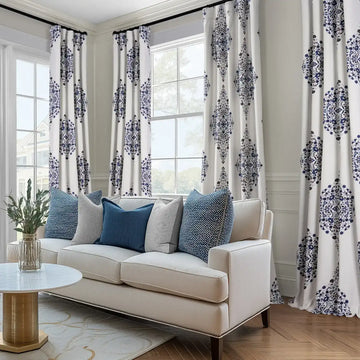 Kerala Blue Emblem Printed Cotton Custom Curtain