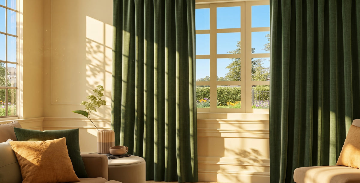 Extra wide ivory curtains covering expansive bedroom windows for larger spaces and enhanced coverage.