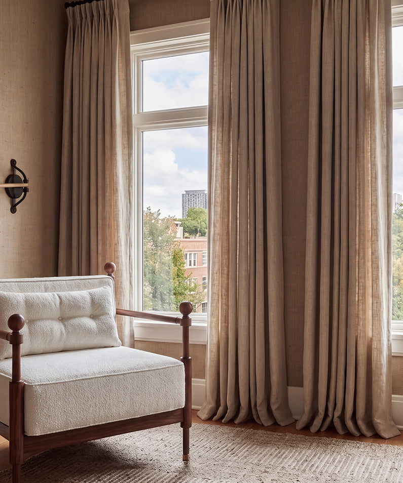 Vintage Dupioni: Crisp white curtains create a soft, light-filled backdrop for this fresh and serene living space.