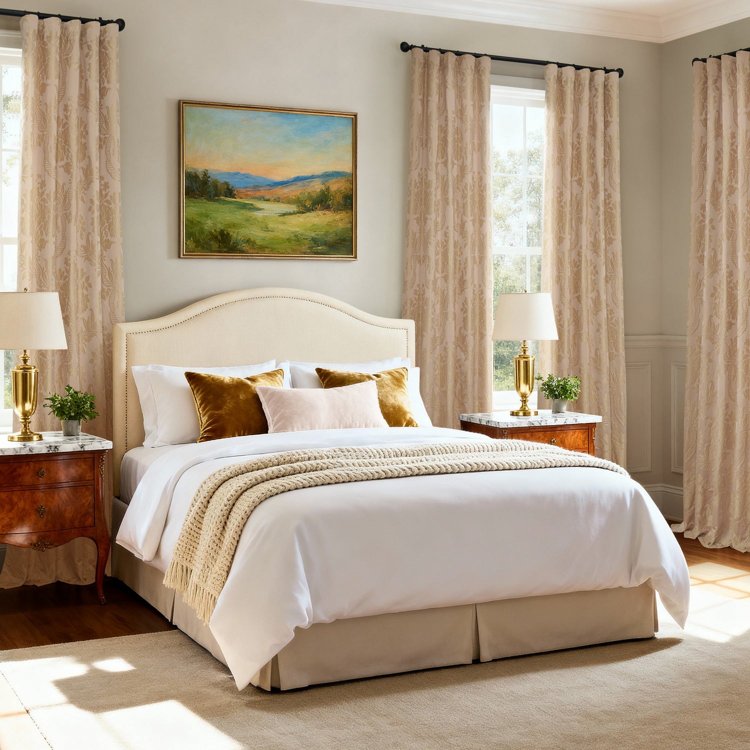 Magdelena Beige & Gold Damask Faux Silk Jacquard Custom Curtain