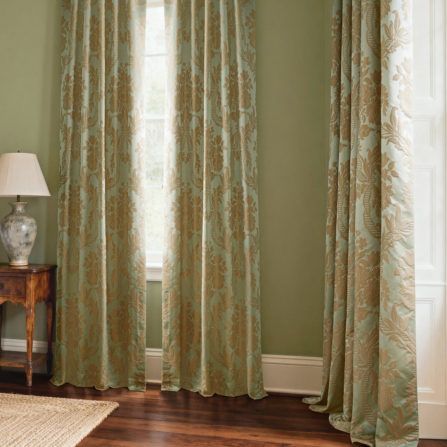 Magdelena Jade & Gold Damask Faux Silk Jacquard Custom Curtain