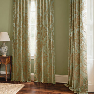 Magdelena Jade & Gold Damask Faux Silk Jacquard Custom Curtain