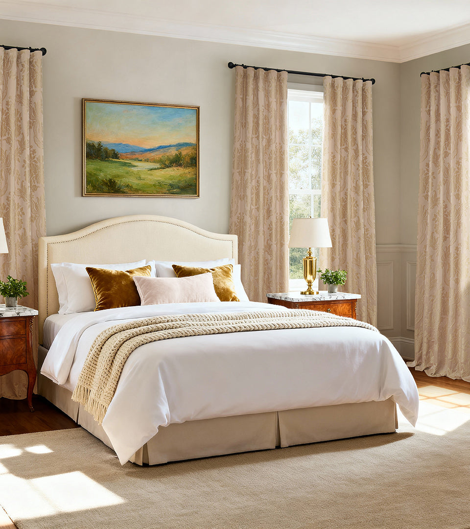Elegant beige-and-gold patterned curtains add subtle texture and warmth to a serene, light-filled bedroom.