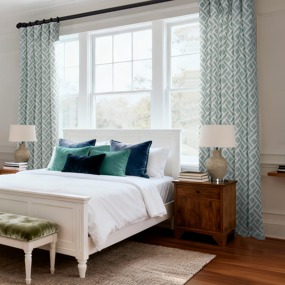 Martinique Aqua Geometric Printed Cotton Custom Curtain