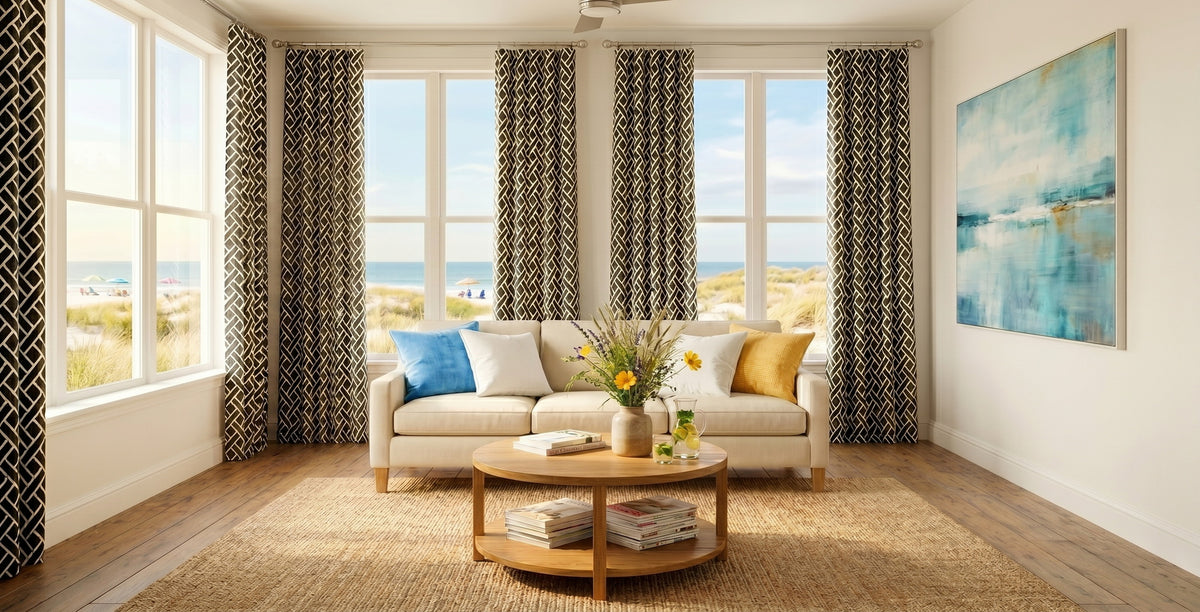 Custom curtains in elegant living space showcasing made-to-measure window treatments.