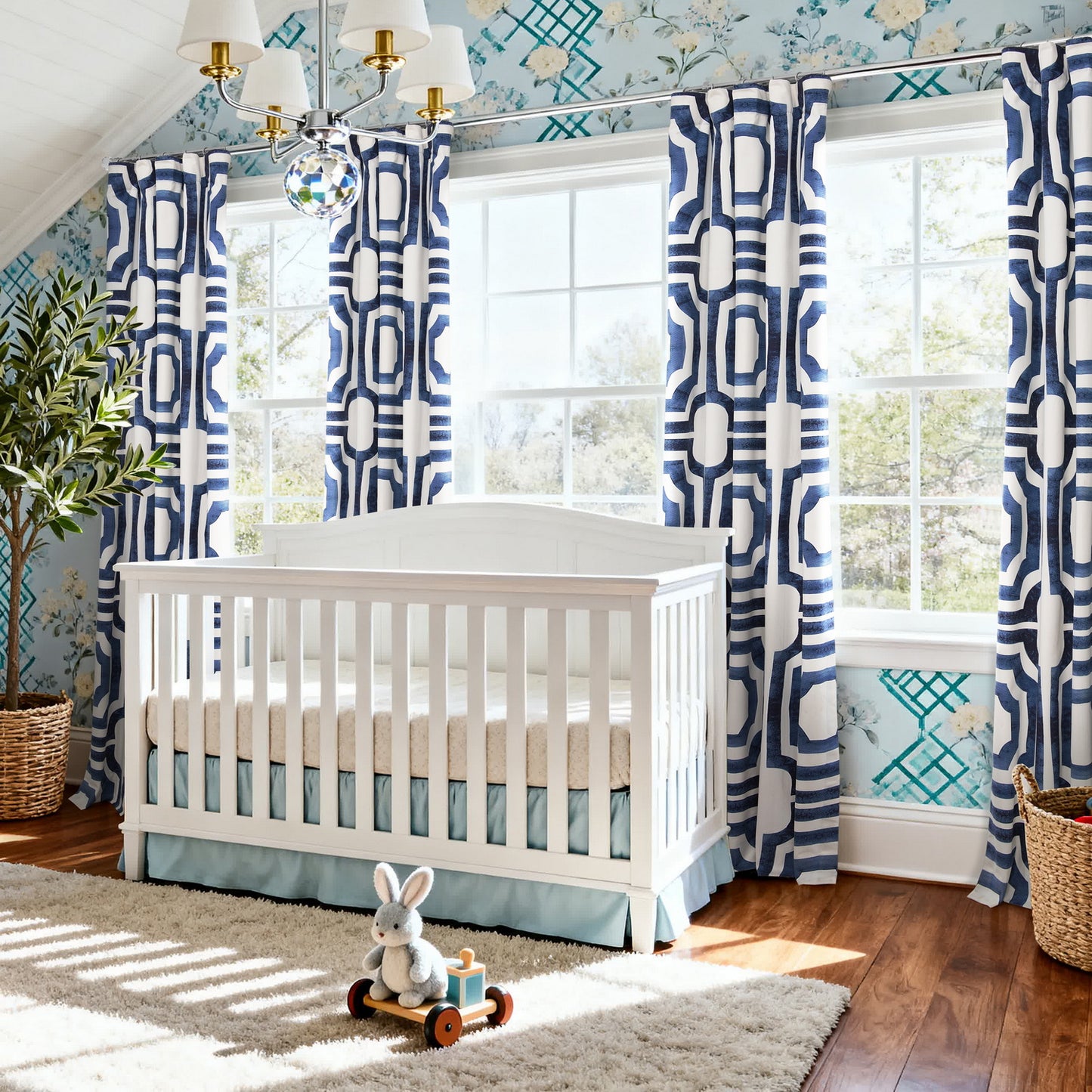 Mecca Blue Geometric Printed Cotton Custom Curtain