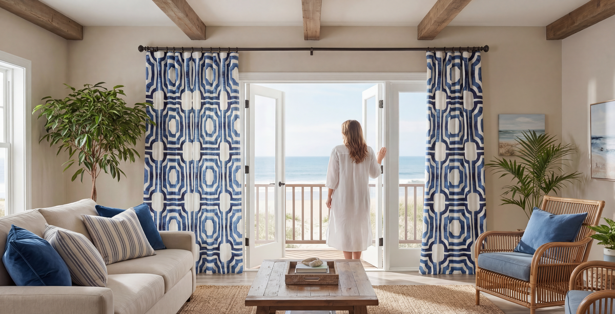 Mecca Blue patterned curtains framing open French doors with a woman overlooking the ocean from a beach house.