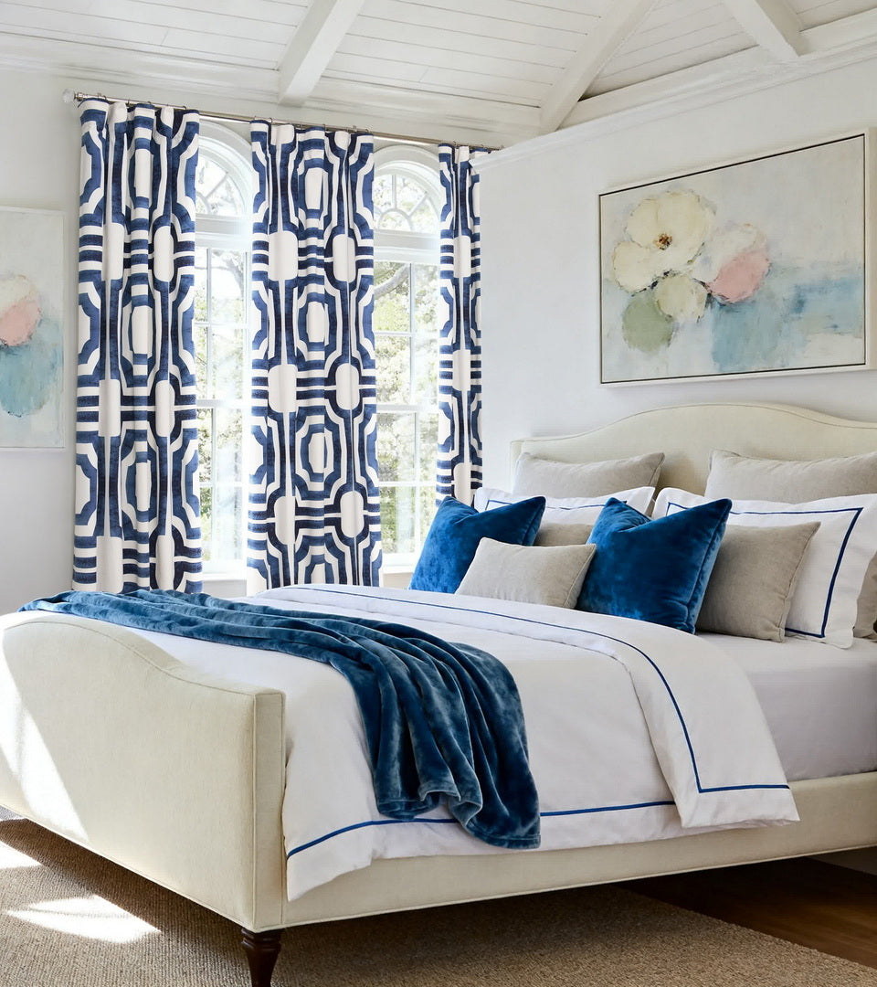 Bold pattern meets timeless style. These Mecca Blue geometric curtains make a striking statement while brightening the room with crisp blue and white contrast. Their eye-catching design adds depth and personality, pairing beautifully with coastal, transitional, and modern spaces.