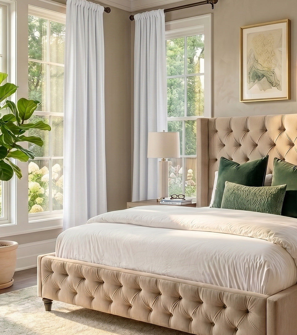Mist White Bellino curtains framing tall bedroom windows with a tufted upholstered bed, green accent pillows, and natural light.