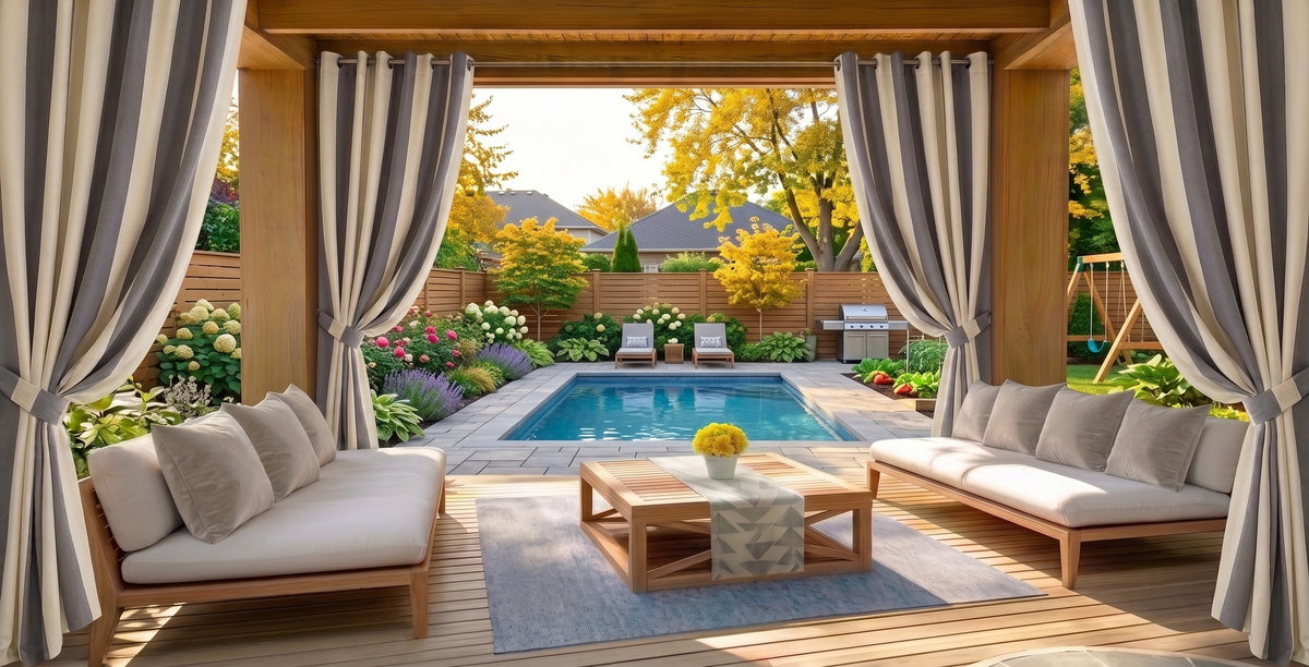 Soft gray and ivory striped outdoor curtains bring timeless style and relaxed elegance to this covered patio. The classic vertical stripes add visual height while the weather-friendly fabric softly frames the outdoor living space, complementing the warm wood accents, cozy seating, and sparkling pool for a fresh, inviting backyard retreat.