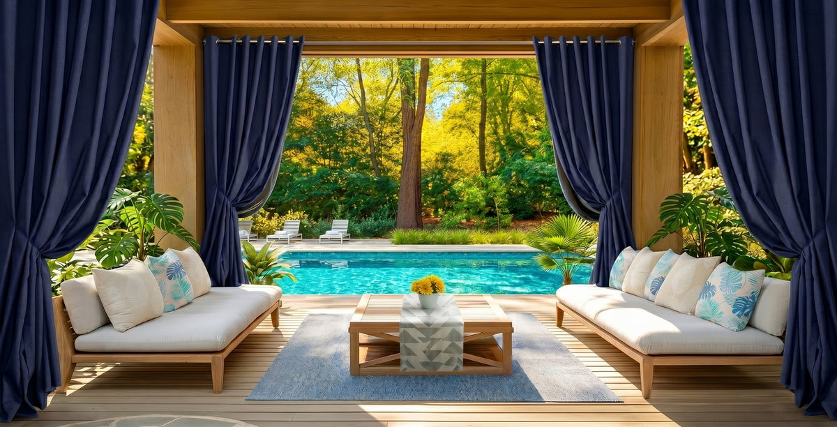 Navy Blue outdoor curtains framing a covered patio with a pool, wood seating, and lush greenery.