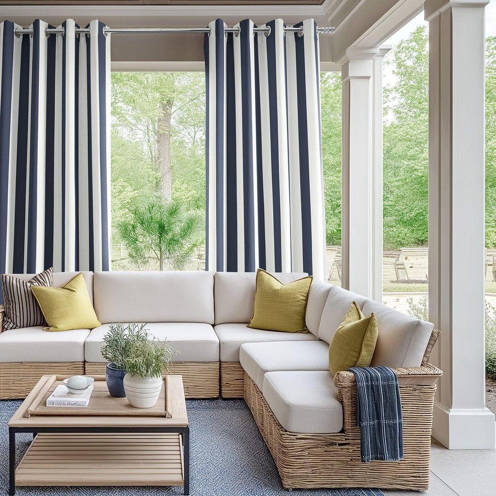 Nautical Navy Blue Striped Grommet Villanova Outdoor Curtain