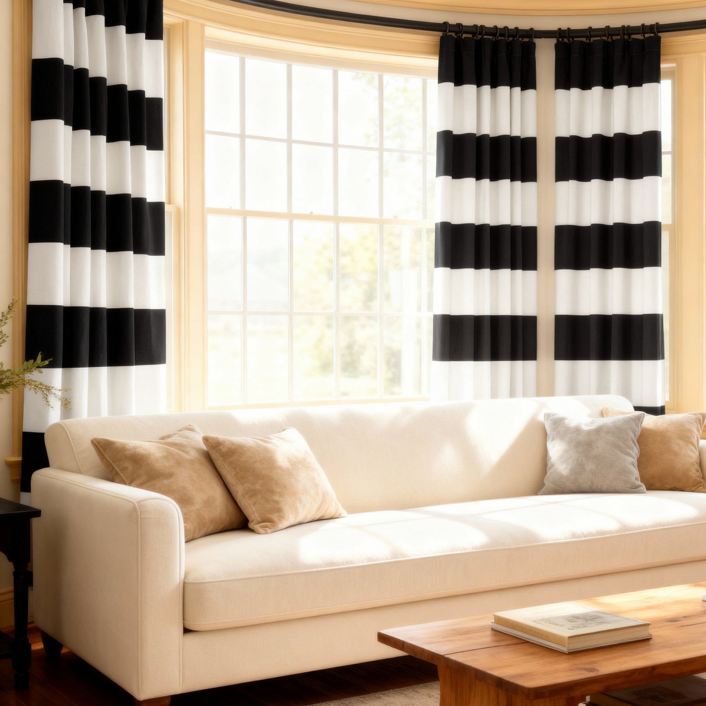Onyx Black & Off White Striped Printed Cotton Custom Curtain