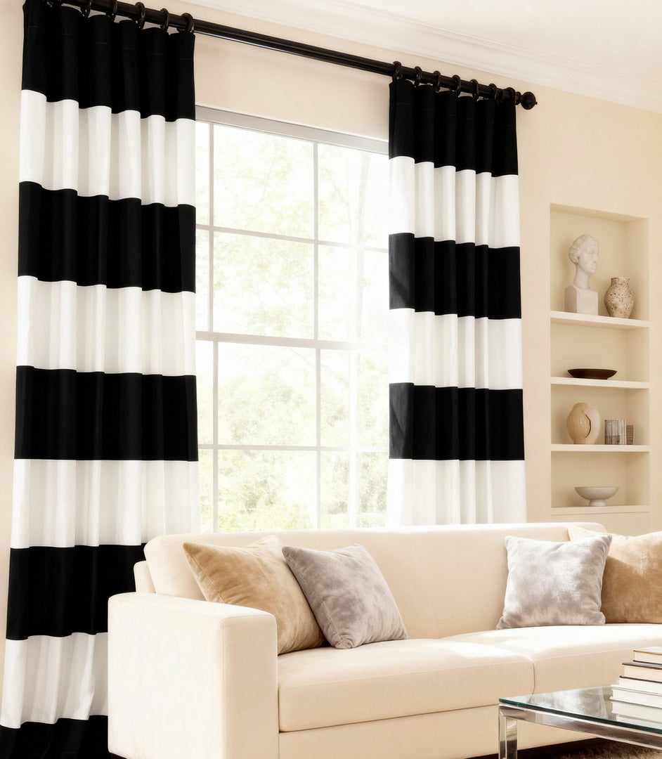 Bold black-and-white color-block curtains create a crisp, modern statement in this sophisticated living space.
