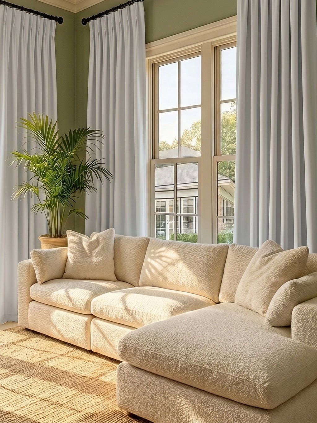 Oyster curtains framing French doors and living room windows with a cream sectional sofa and poolside views.