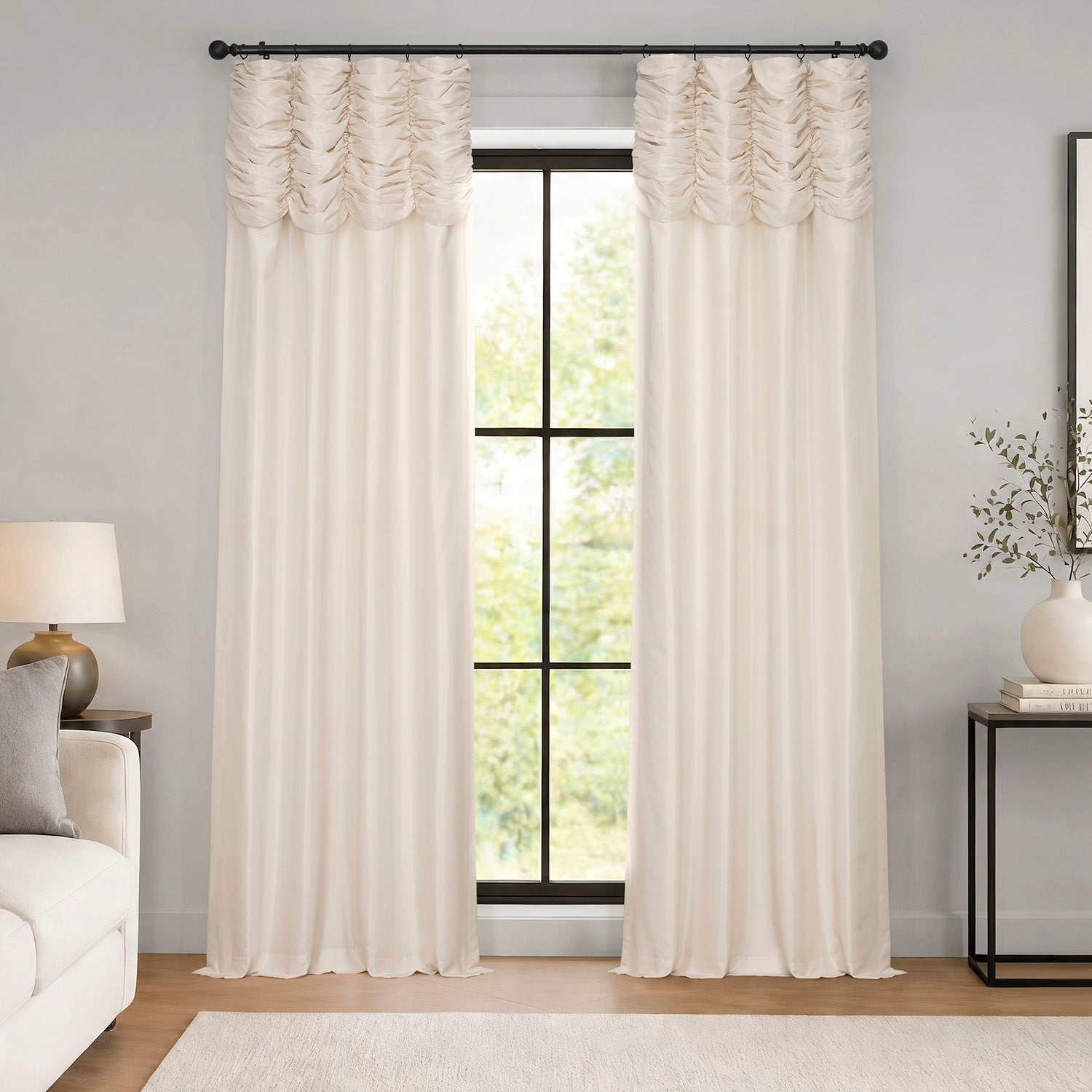 Off White Ruched Vintage Textured Faux Dupioni Silk Room Darkening Curtain
