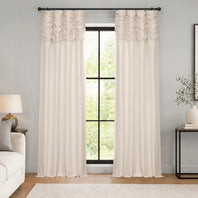 Off White Ruched Vintage Textured Faux Dupioni Silk Room Darkening Curtain