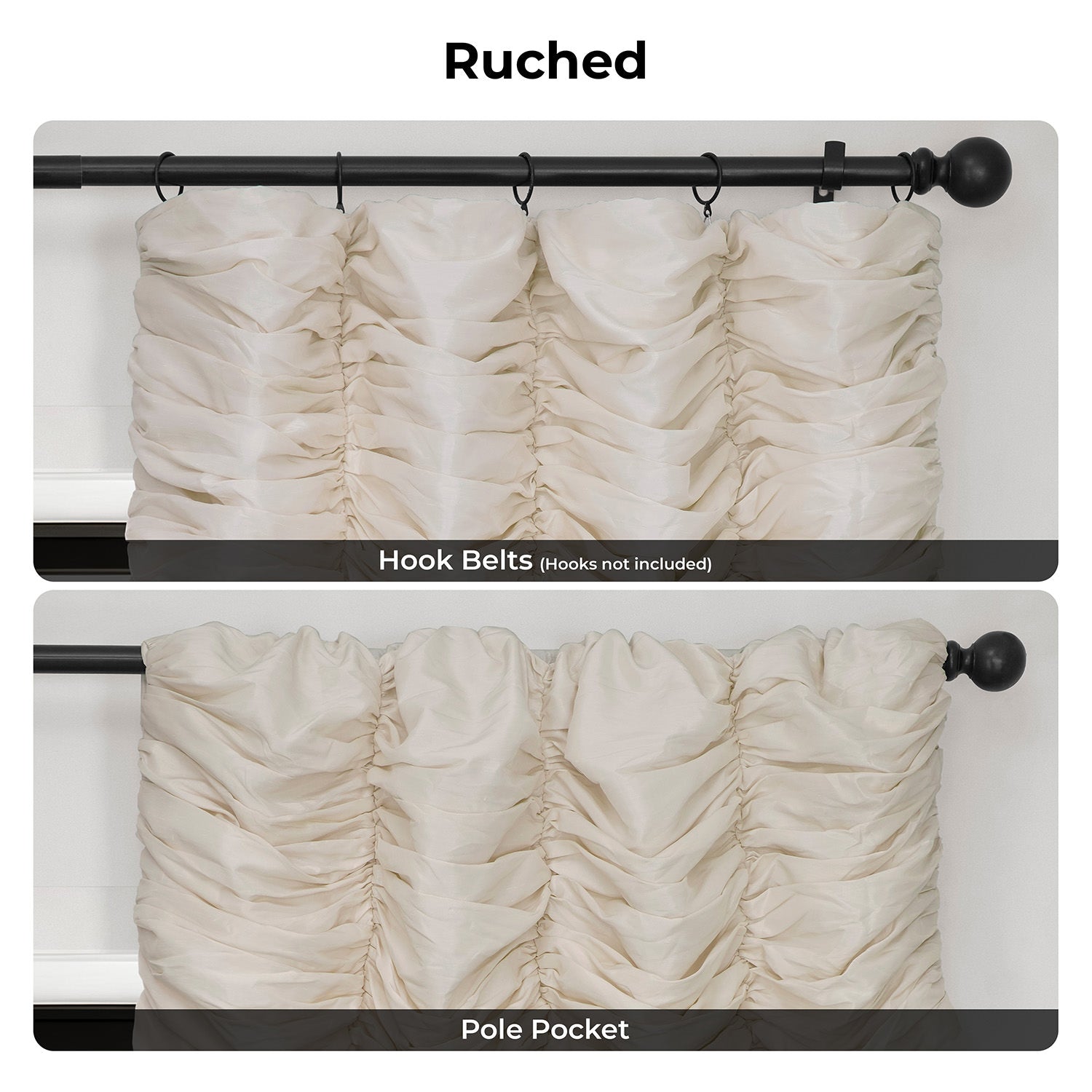 Off White Ruched Vintage Textured Faux Dupioni Silk Room Darkening Curtain