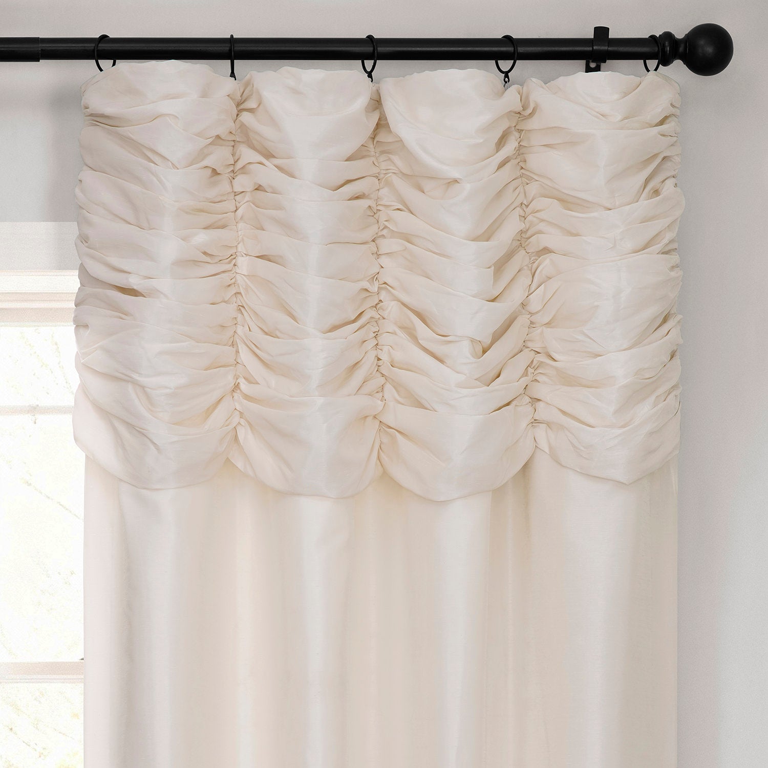 Off White Ruched Vintage Textured Faux Dupioni Silk Curtain